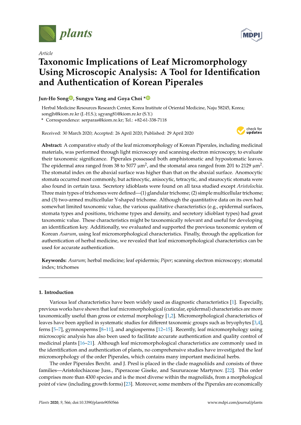 Taxonomic Implications of Leaf Micromorphology Using Microscopic Analysis: a Tool for Identiﬁcation and Authentication of Korean Piperales