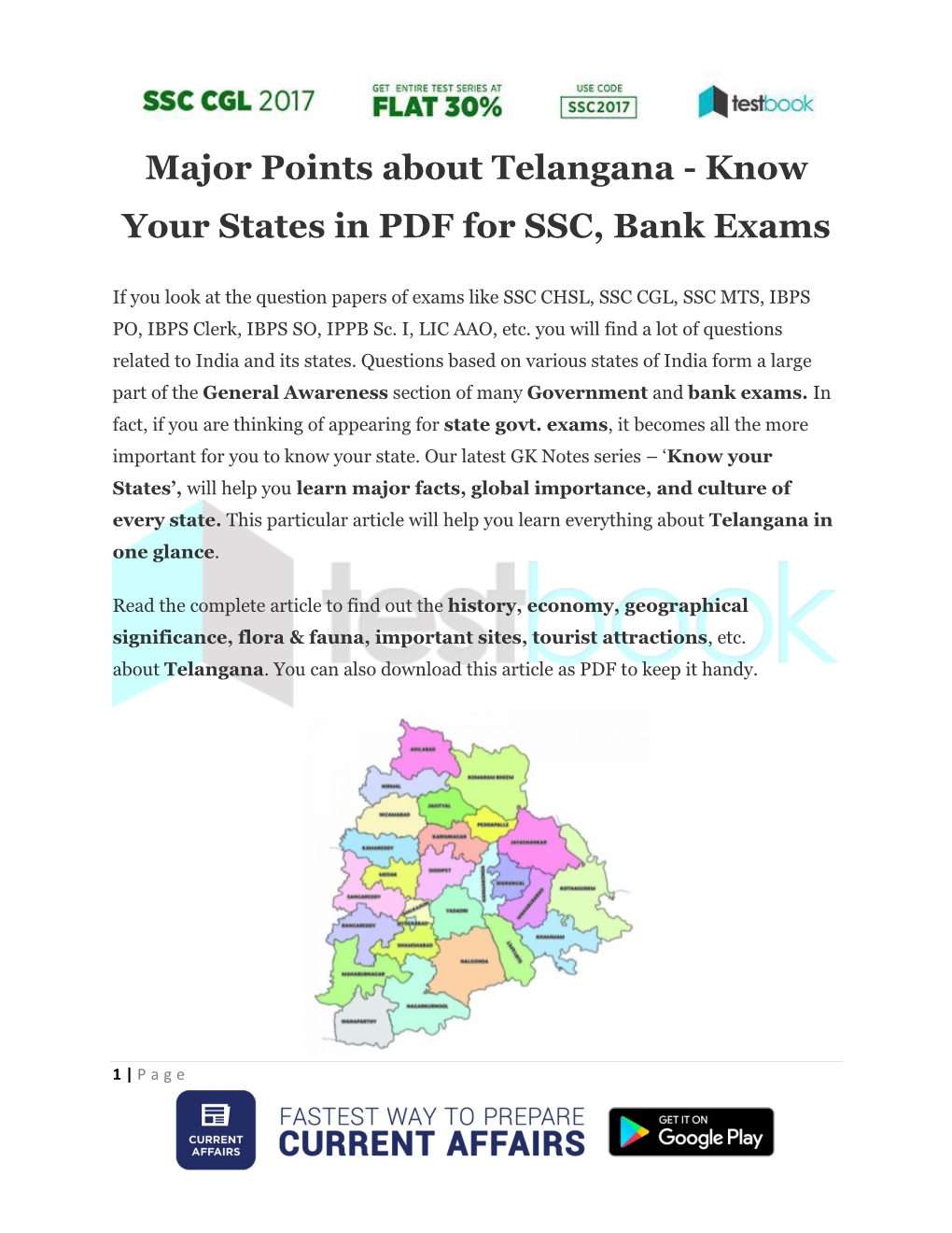 Major Points About Telangana - Know Your States in PDF for SSC, Bank Exams