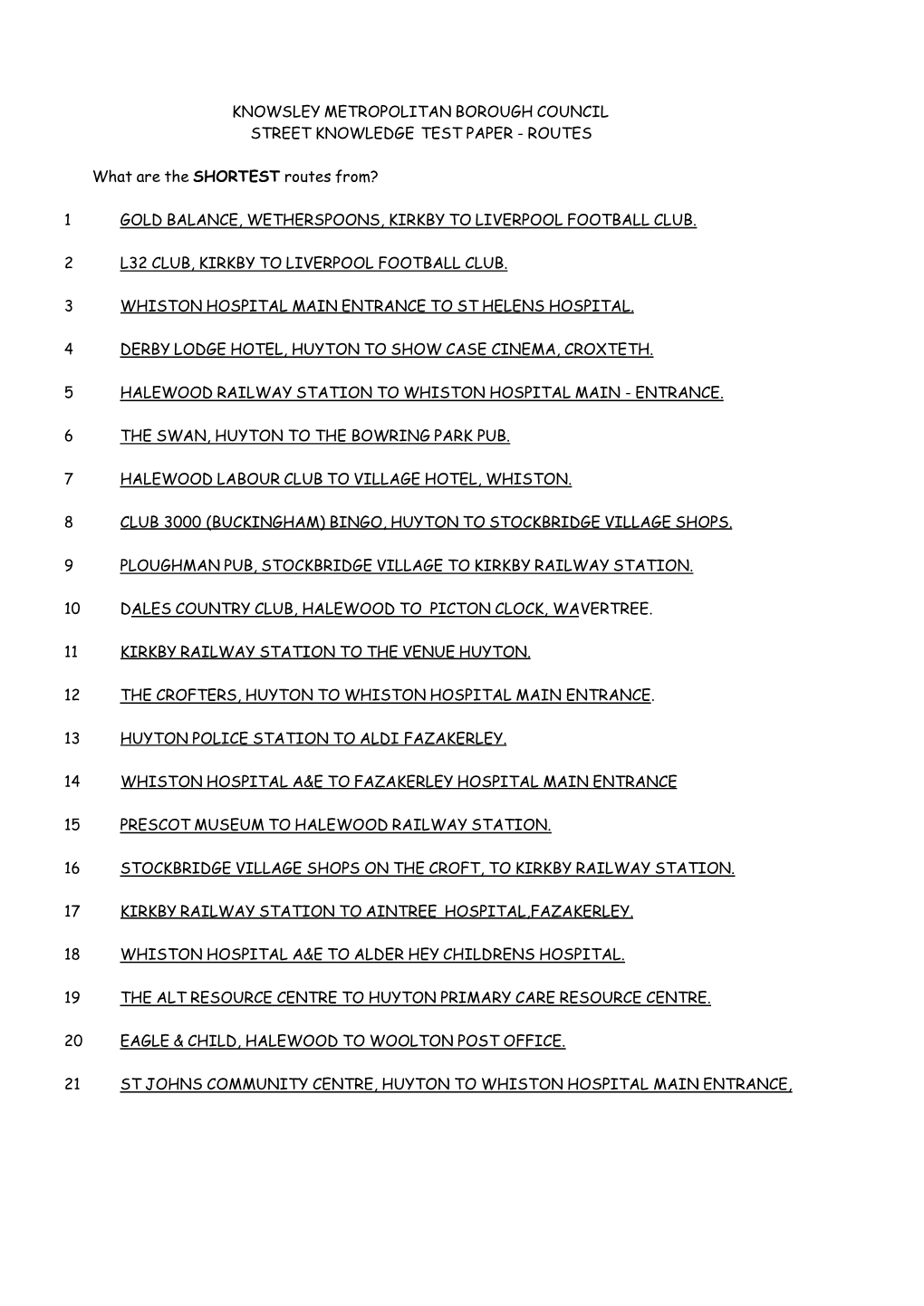Knowsley Metropolitan Borough Council Street Knowledge Test Paper - Routes