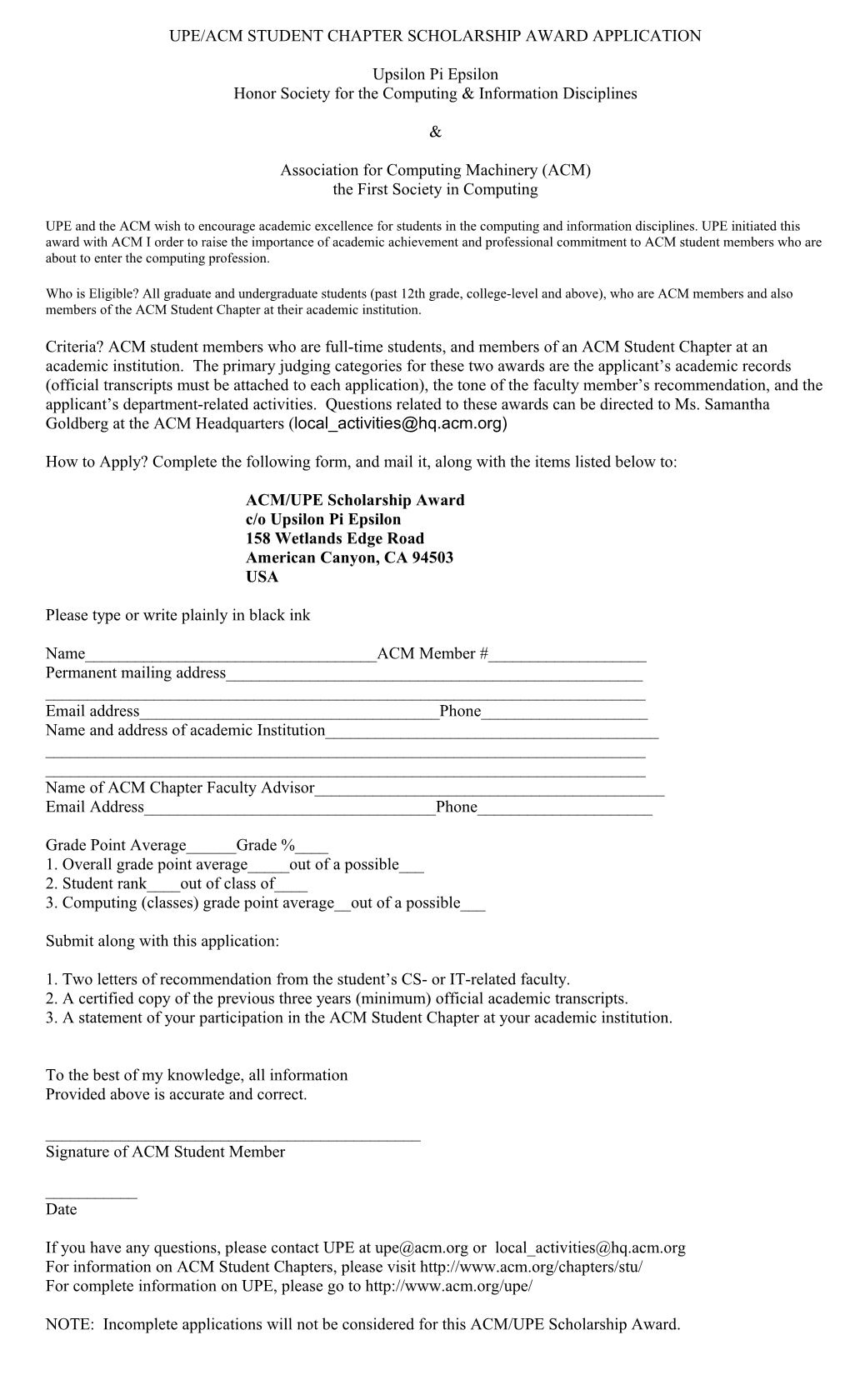 Upe Acm Student Chapter Scholarship Award Application