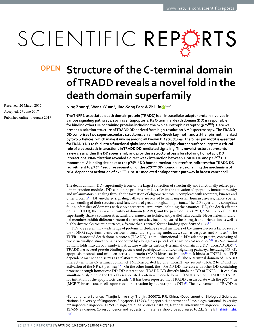 Structure of the C-Terminal Domain of TRADD Reveals a Novel Fold in The