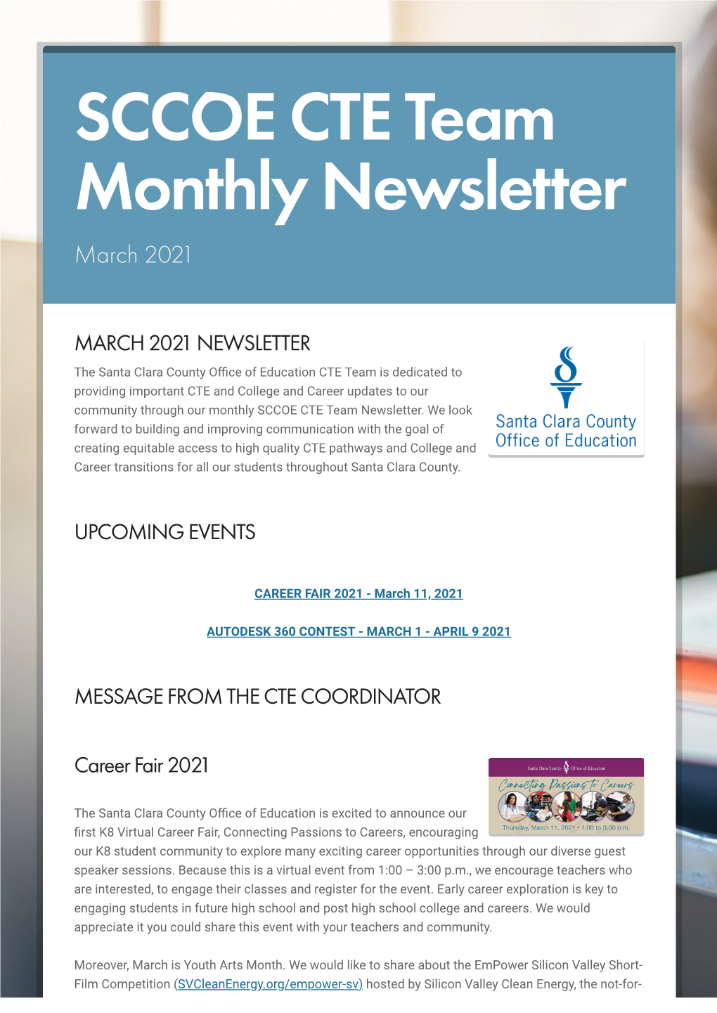 SCCOE CTE Team Monthly Newsletter March 2021