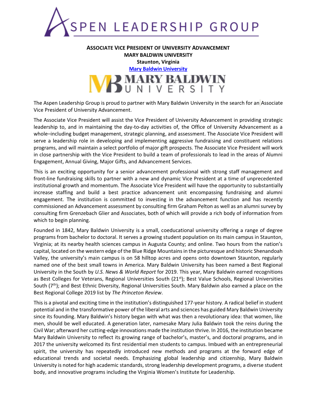 ASSOCIATE VICE PRESIDENT of UNIVERSITY ADVANCEMENT MARY BALDWIN UNIVERSITY Staunton, Virginia Mary Baldwin University the Aspen