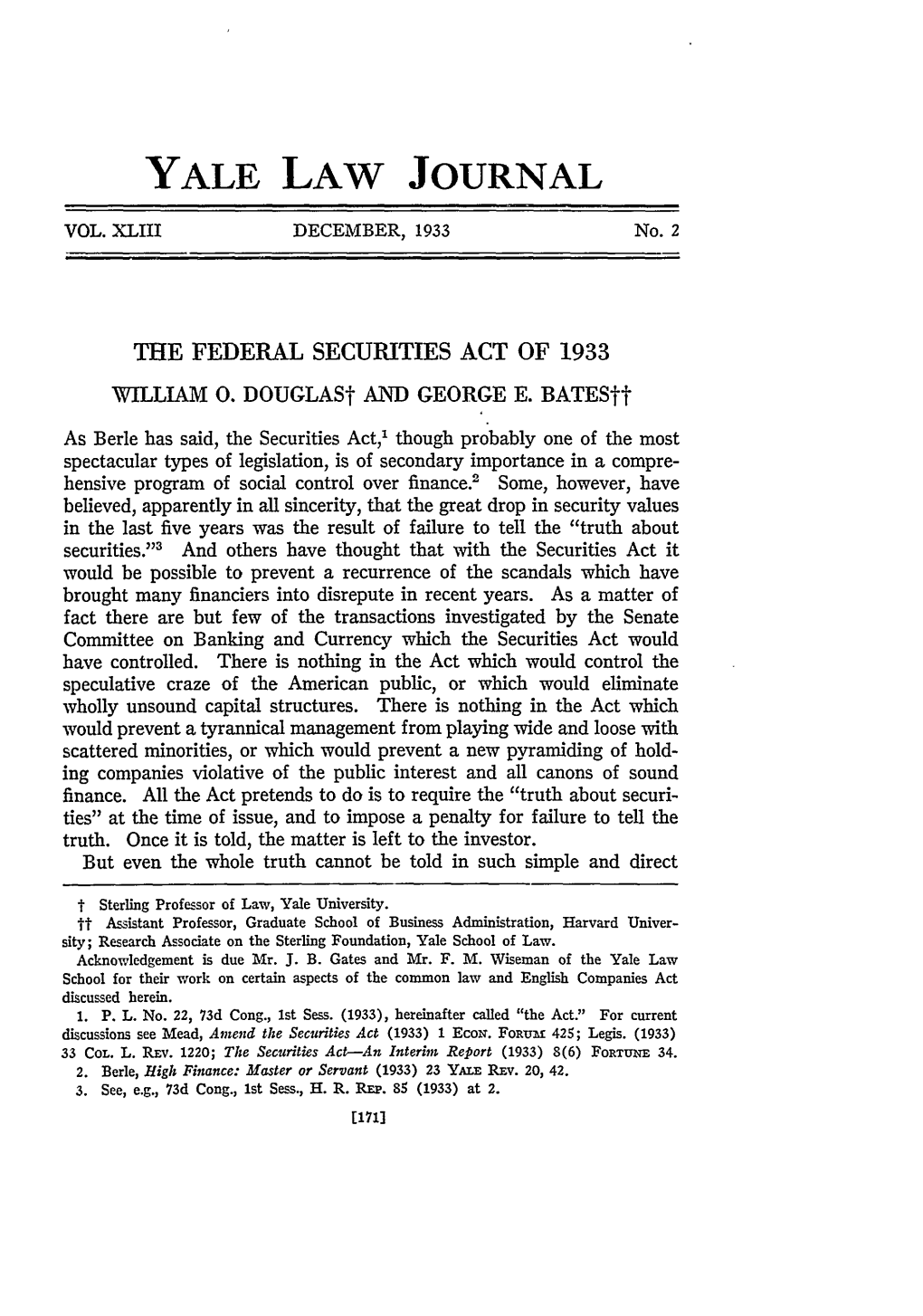 The Federal Securities Act of 1933 William 0