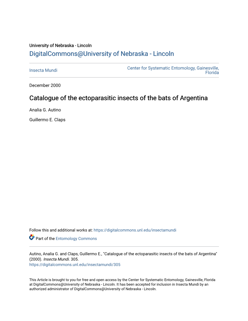 Catalogue of the Ectoparasitic Insects of the Bats of Argentina
