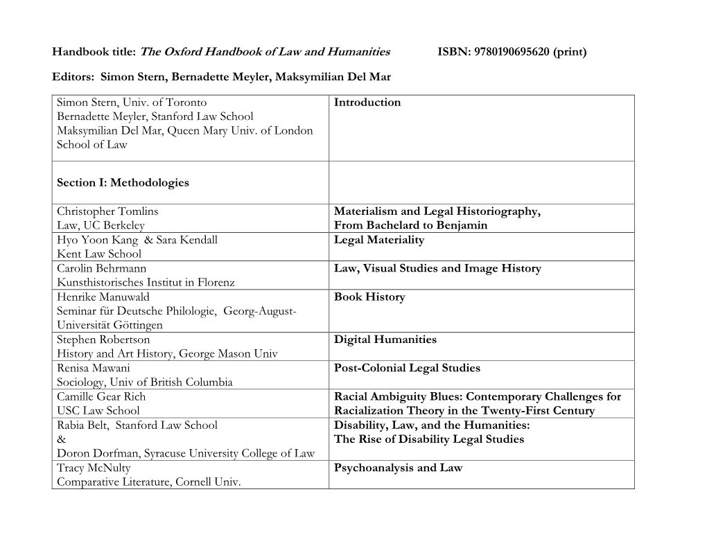 The Oxford Handbook of Law and Humanities ISBN: 9780190695620 (Print)