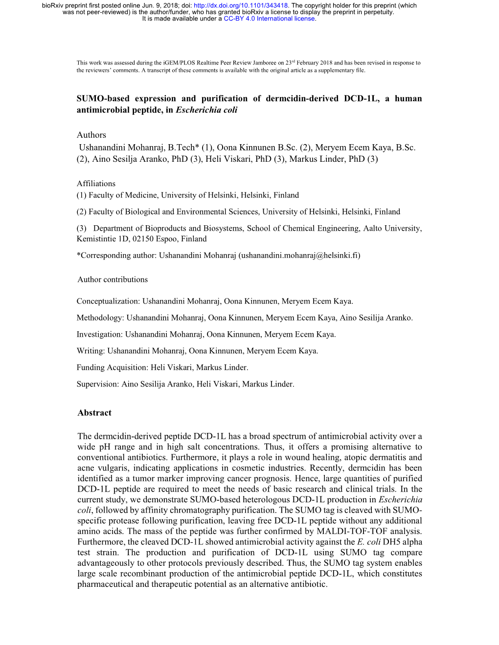 SUMO-Based Expression and Purification of Dermcidin-Derived DCD-1L, a Human Antimicrobial Peptide, in Escherichia Coli