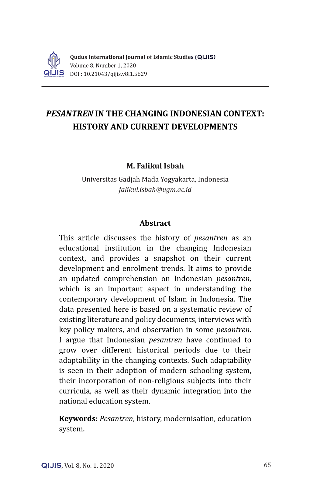 Pesantren in the Changing Indonesian Context: History and Current Developments