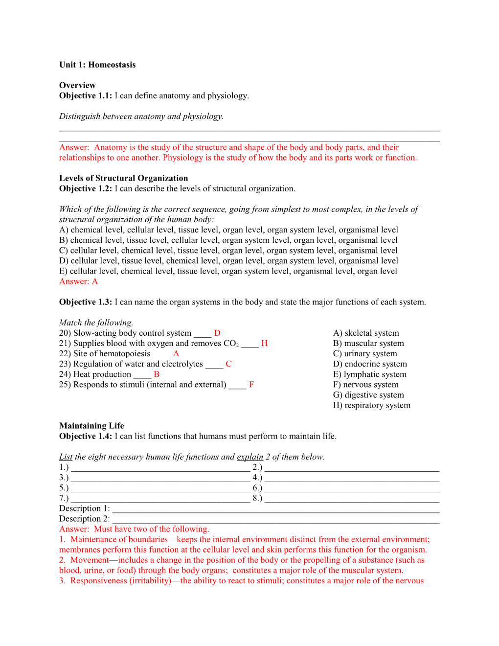 Unit 1: Homeostasis