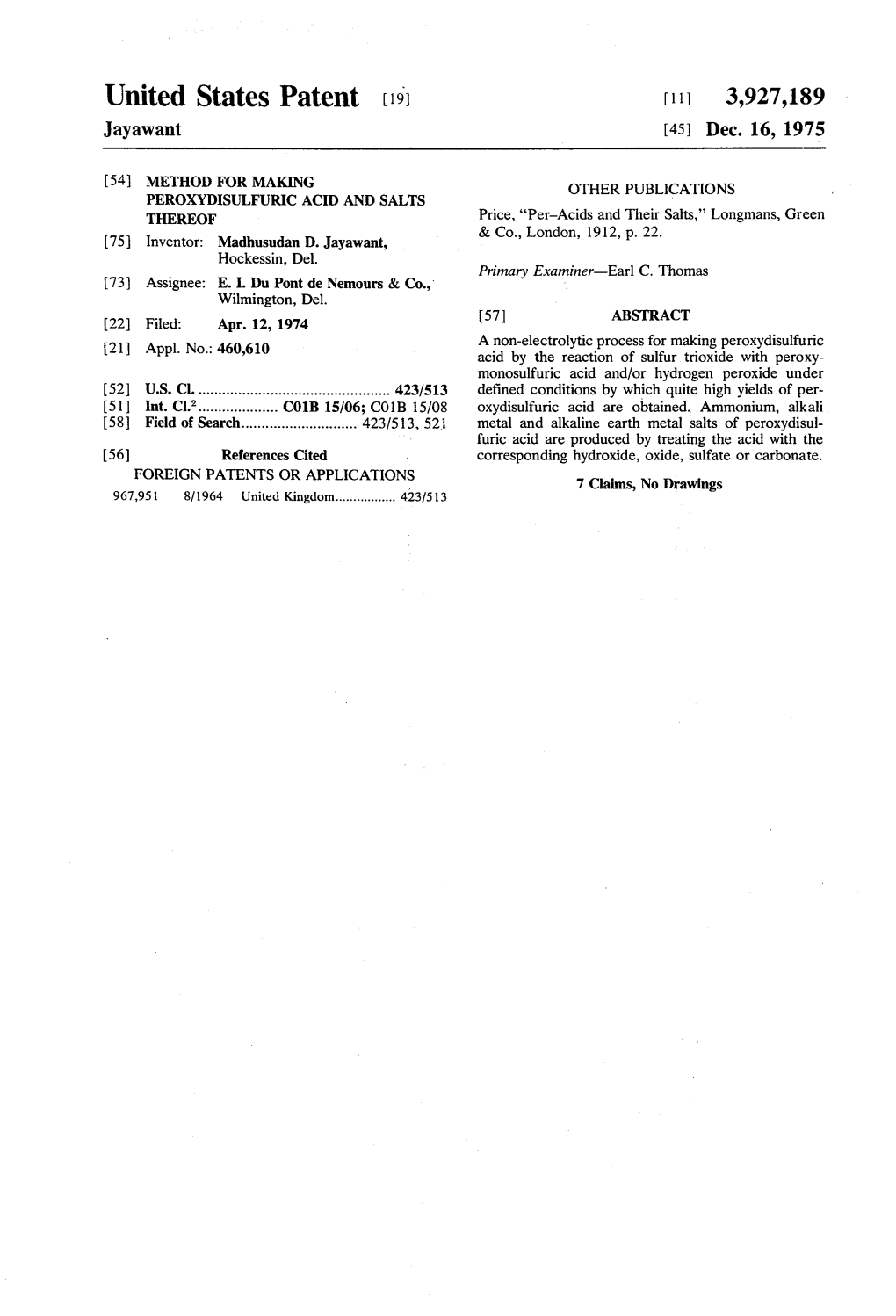 United States Patent (19) [11] 3,927,189 Jayawant (45) Dec