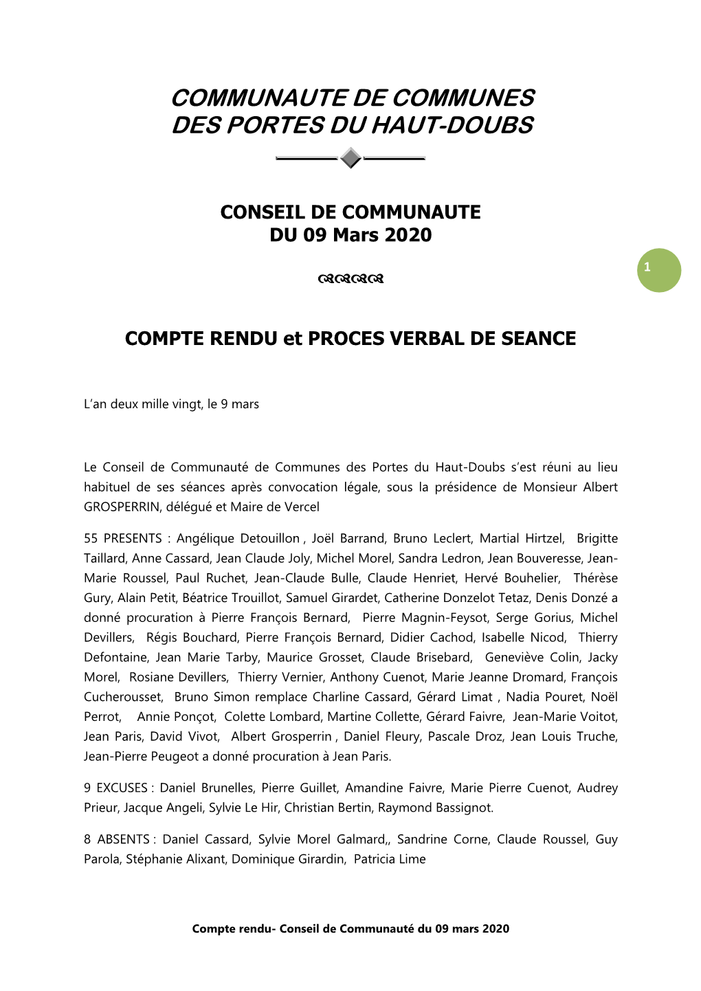 CONSEIL DE COMMUNAUTE DU 09 Mars 2020