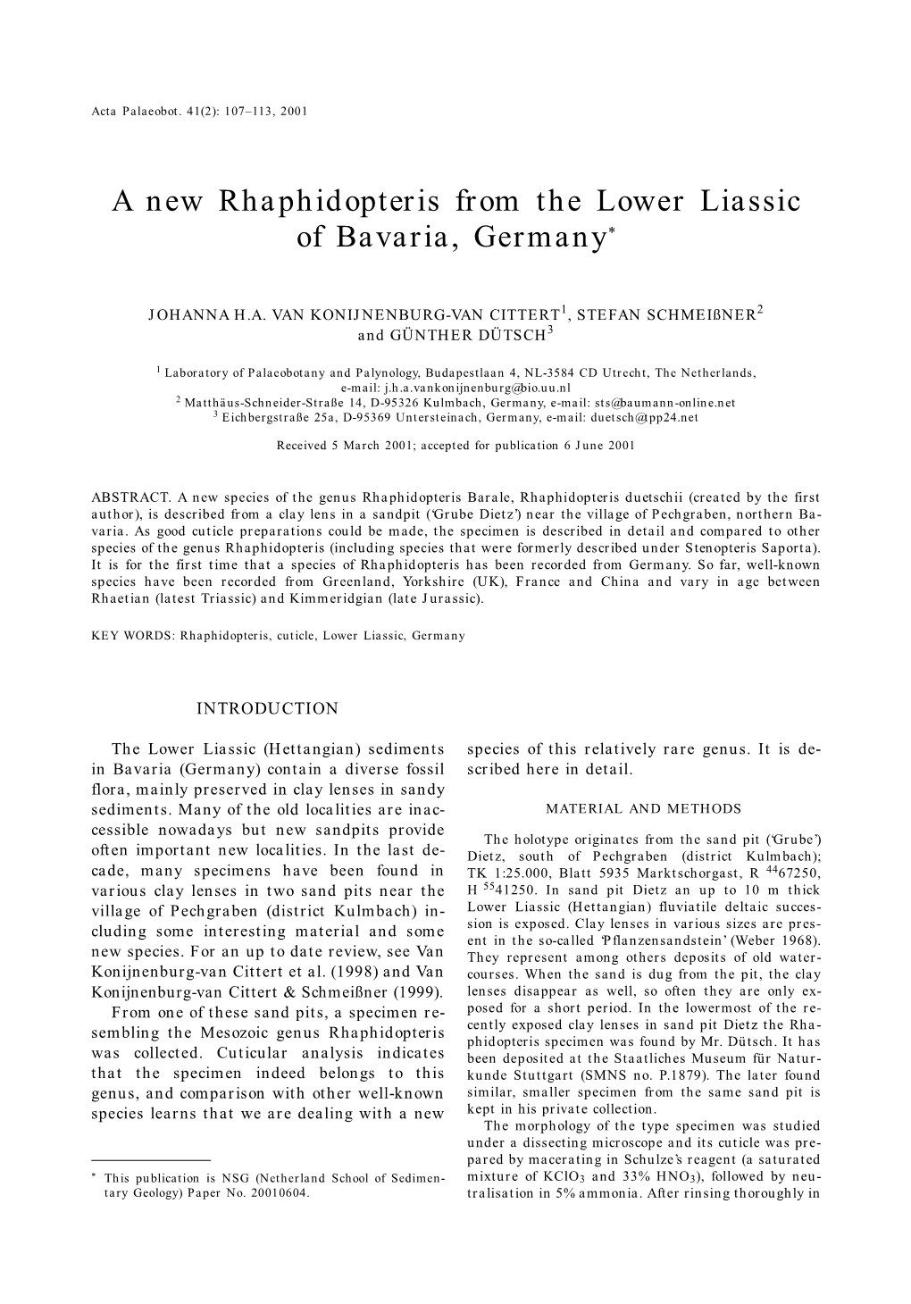 A New Rhaphidopteris from the Lower Liassic of Bavaria, Germany*