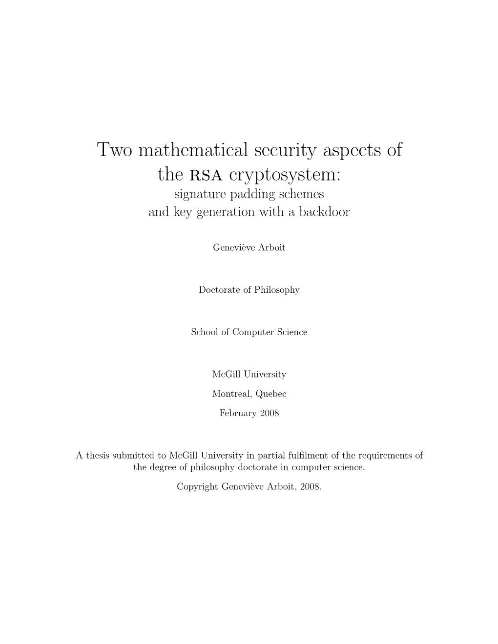 Two Mathematical Security Aspects of the Rsa Cryptosystem: Signature Padding Schemes and Key Generation with a Backdoor