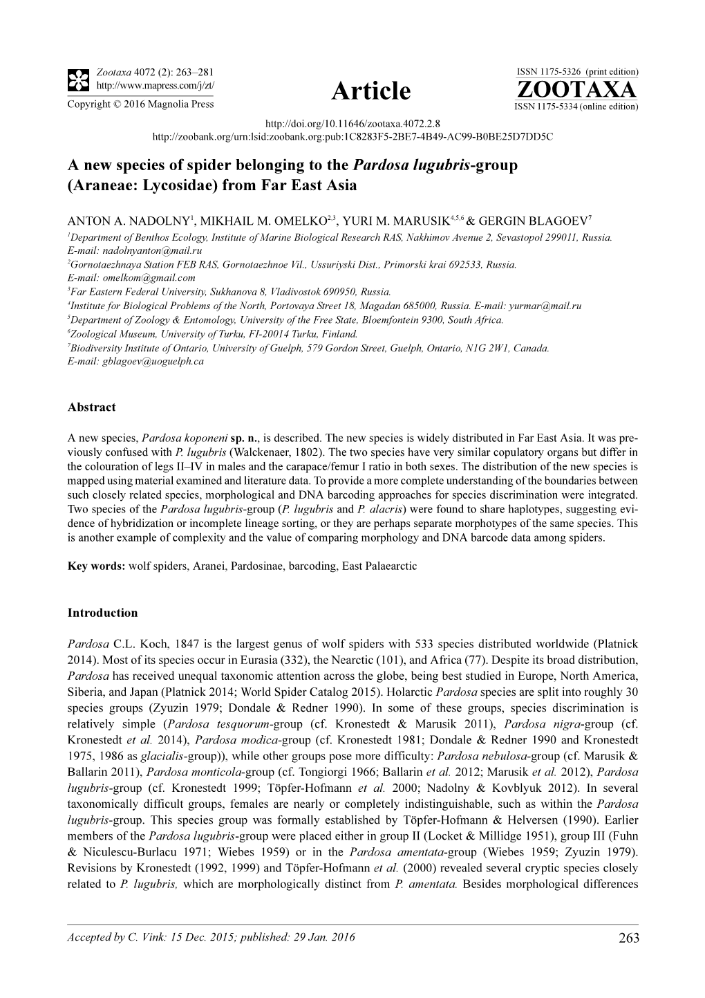 A New Species of Spider Belonging to the Pardosa Lugubris-Group (Araneae: Lycosidae) from Far East Asia