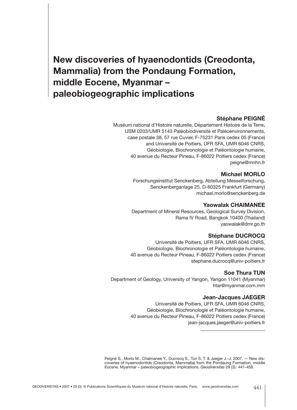 (Creodonta, Mammalia) from the Pondaung Formation, Middle Eocene, Myanmar – Paleobiogeographic Implications