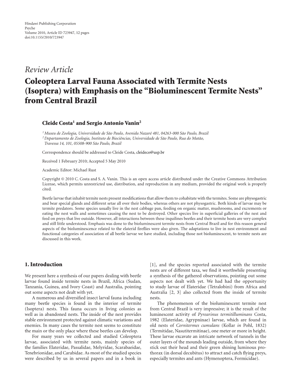 Coleoptera Larval Fauna Associated with Termite Nests (Isoptera) with Emphasis on the “Bioluminescent Termite Nests” from Central Brazil
