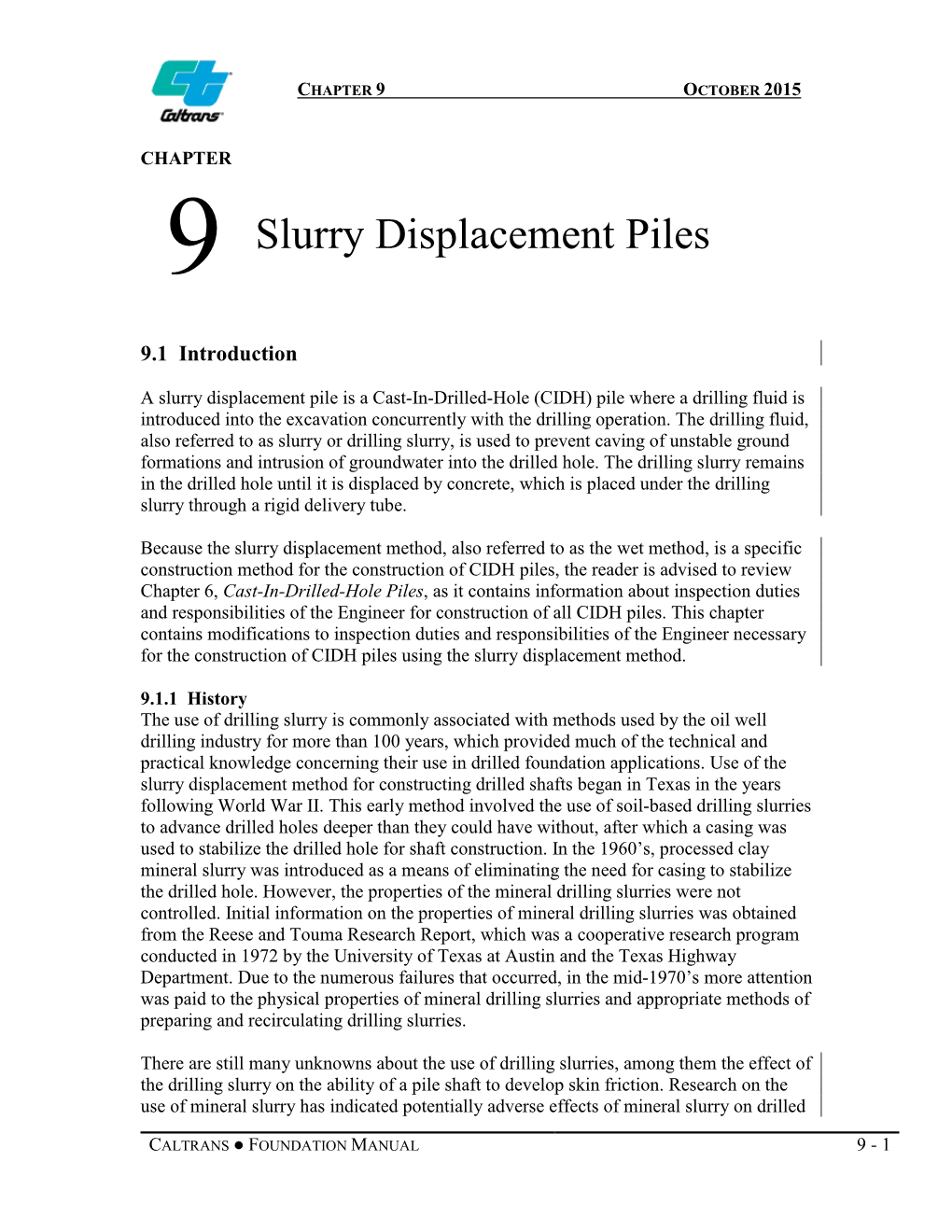 Foundation Manual Chapter 9, Slurry Displacement Piles