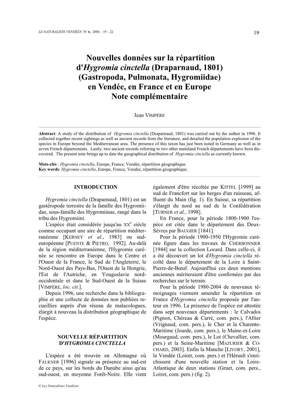 Nouvelles Données Sur La Répartition D'hygromia Cinctella (Draparnaud