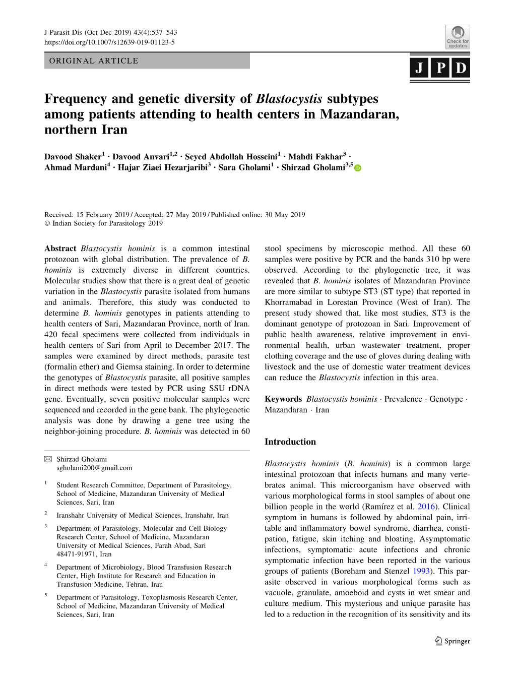 Frequency and Genetic Diversity of Blastocystis Subtypes Among Patients Attending to Health Centers in Mazandaran, Northern Iran