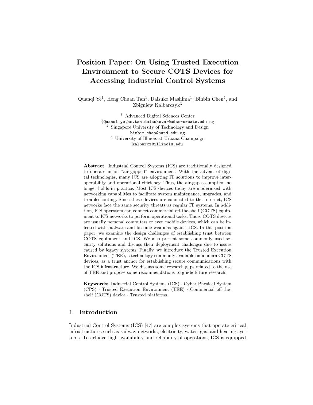 Position Paper: on Using Trusted Execution Environment to Secure COTS Devices for Accessing Industrial Control Systems