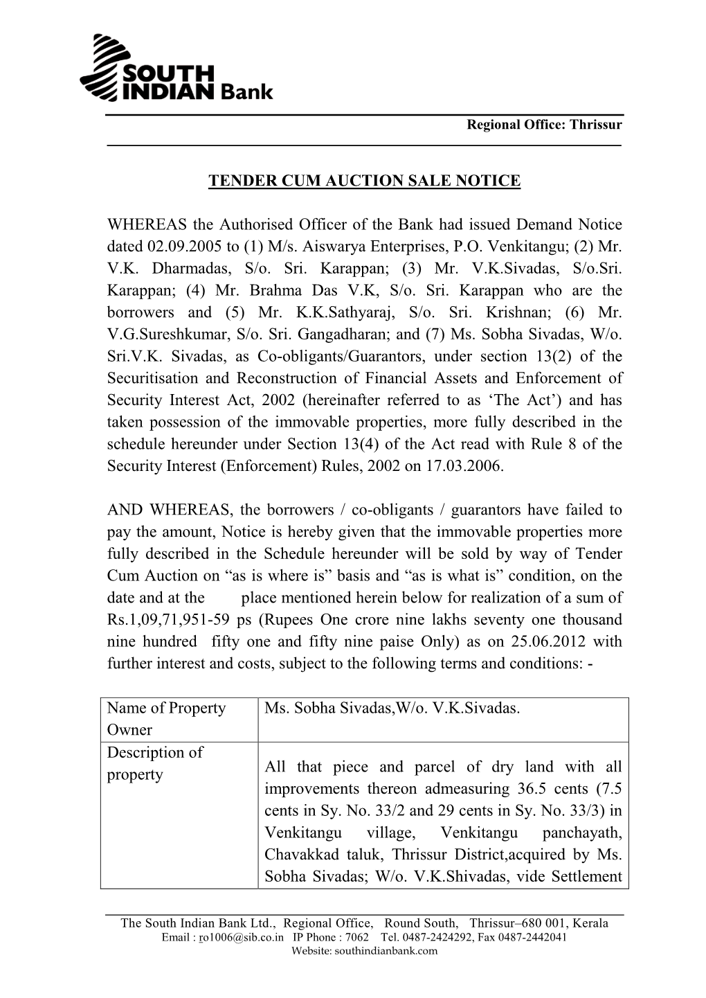 Name of Property Owner TENDER CUM AUCTION SALE NOTICE