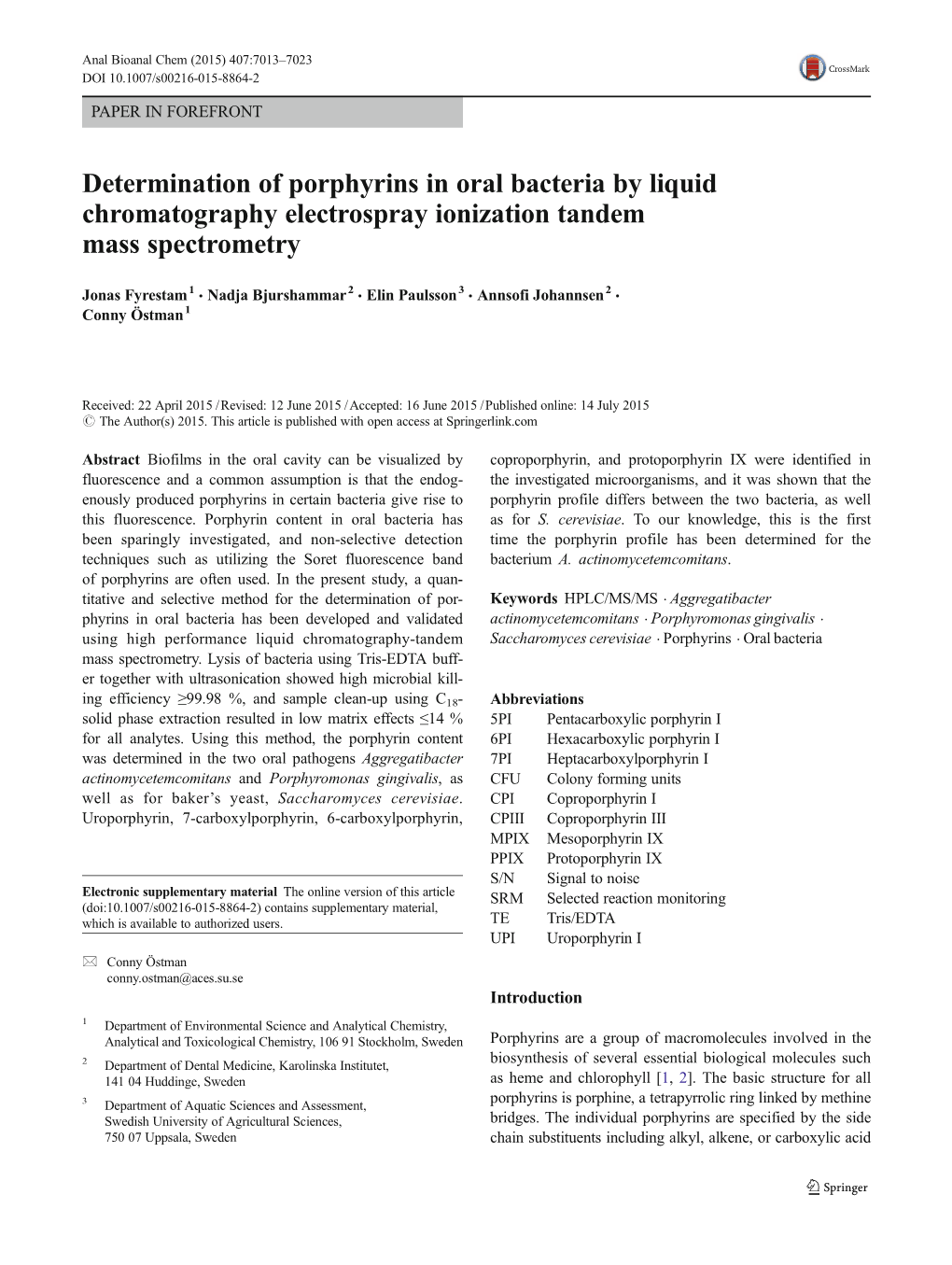 Determination of Porphyrins in Oral Bacteria by Liquid Chromatography Electrospray Ionization Tandem Mass Spectrometry