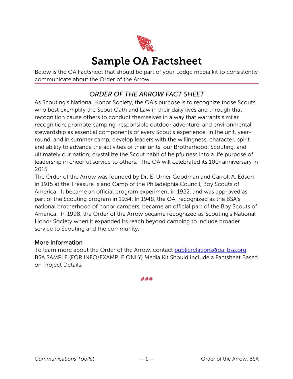 Sample OA Factsheet Below Is the OA Factsheet That Should Be Part of Your Lodge Media Kit to Consistently Communicate About the Order of the Arrow