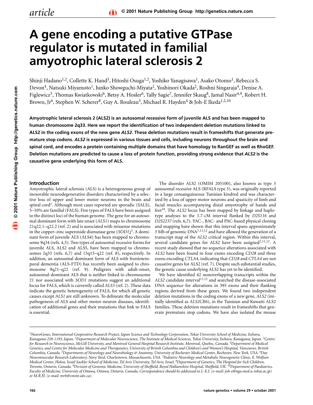 A Gene Encoding a Putative Gtpase Regulator Is Mutated in Familial Amyotrophic Lateral Sclerosis 2