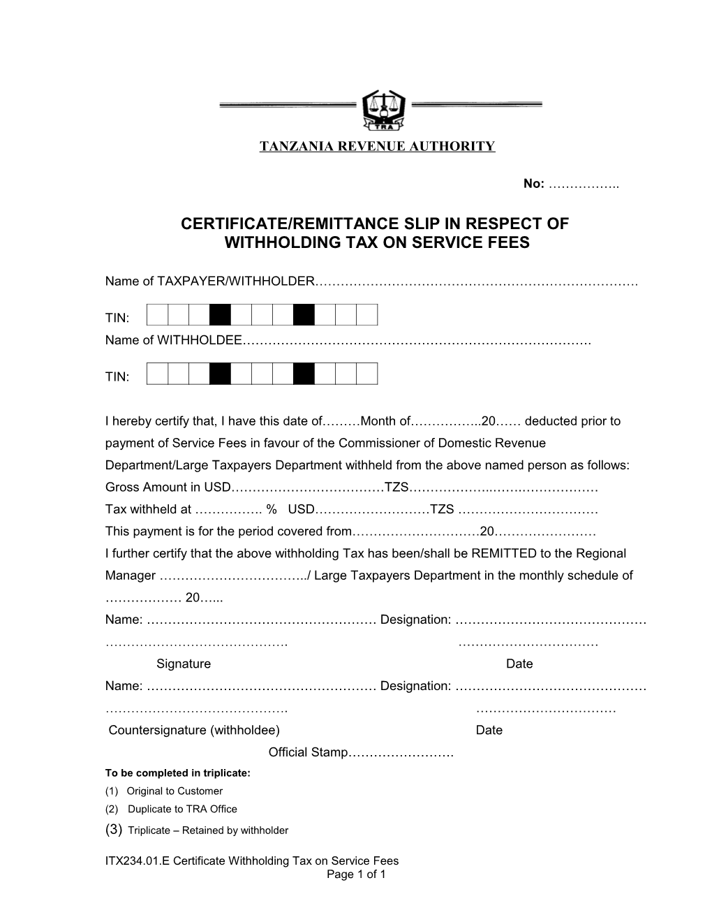 Certificate/Remittance Slip in Respect Of