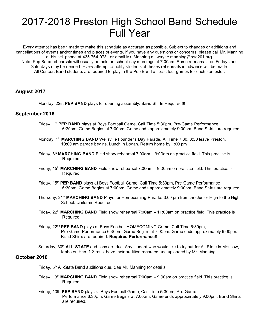 2017-2018 Preston High School Band Schedule