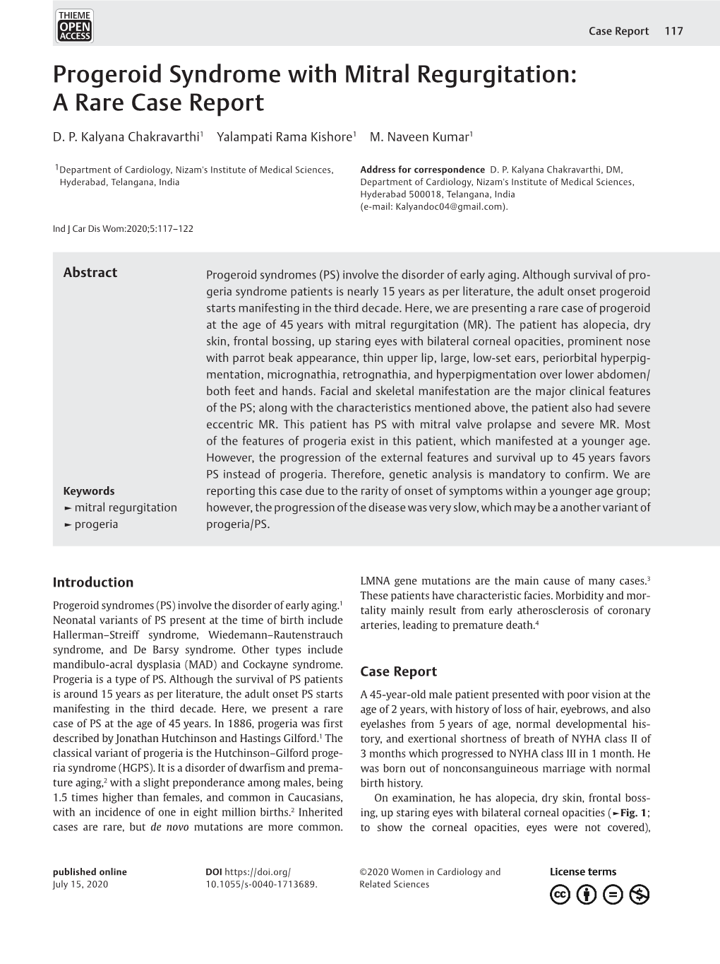 Progeroid Syndrome with Mitral Regurgitation: a Rare Case Report