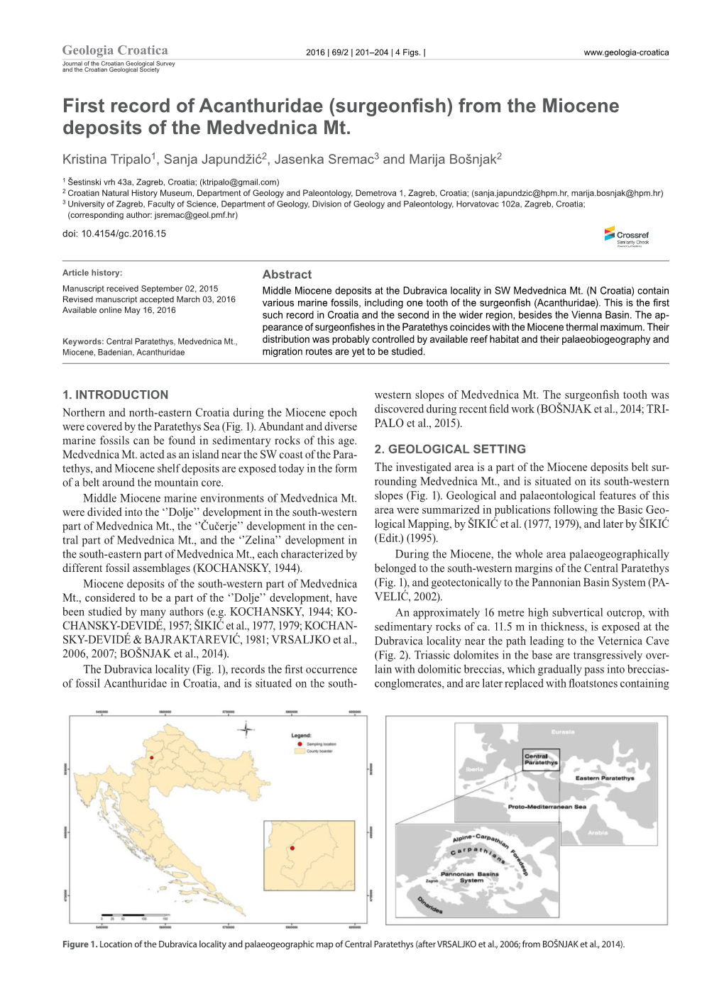 First Record of Acanthuridae (Surgeonfish) from the Miocene Deposits of the Medvednica Mt