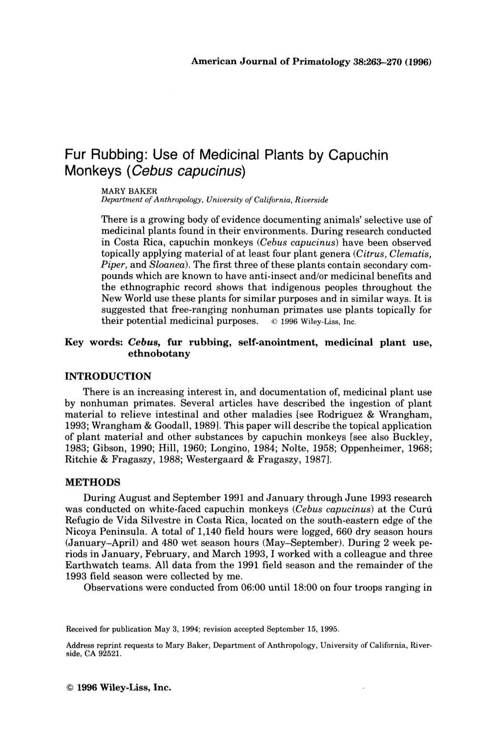 Use of Medicinal Plants by Capuchin Monkeys (Cebus Capucinus)