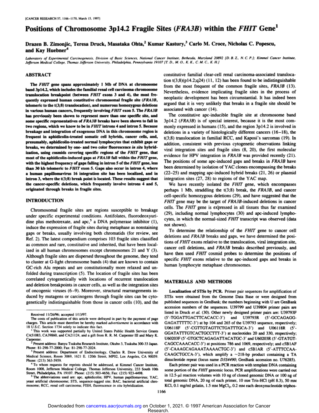 Positions of Chromosome 3Pl'l2 Fragile Sites (FRA3B) Within the FHIT Gene'