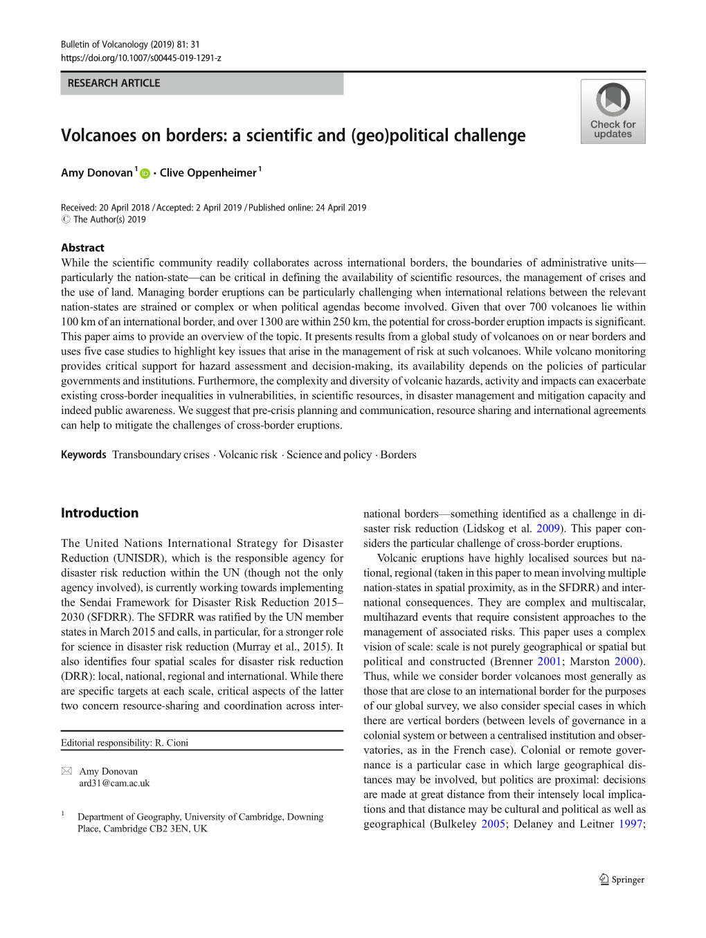 Volcanoes on Borders: a Scientific and (Geo)Political Challenge