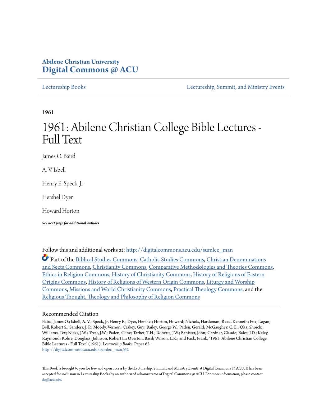 Abilene Christian College Bible Lectures - Full Text James O