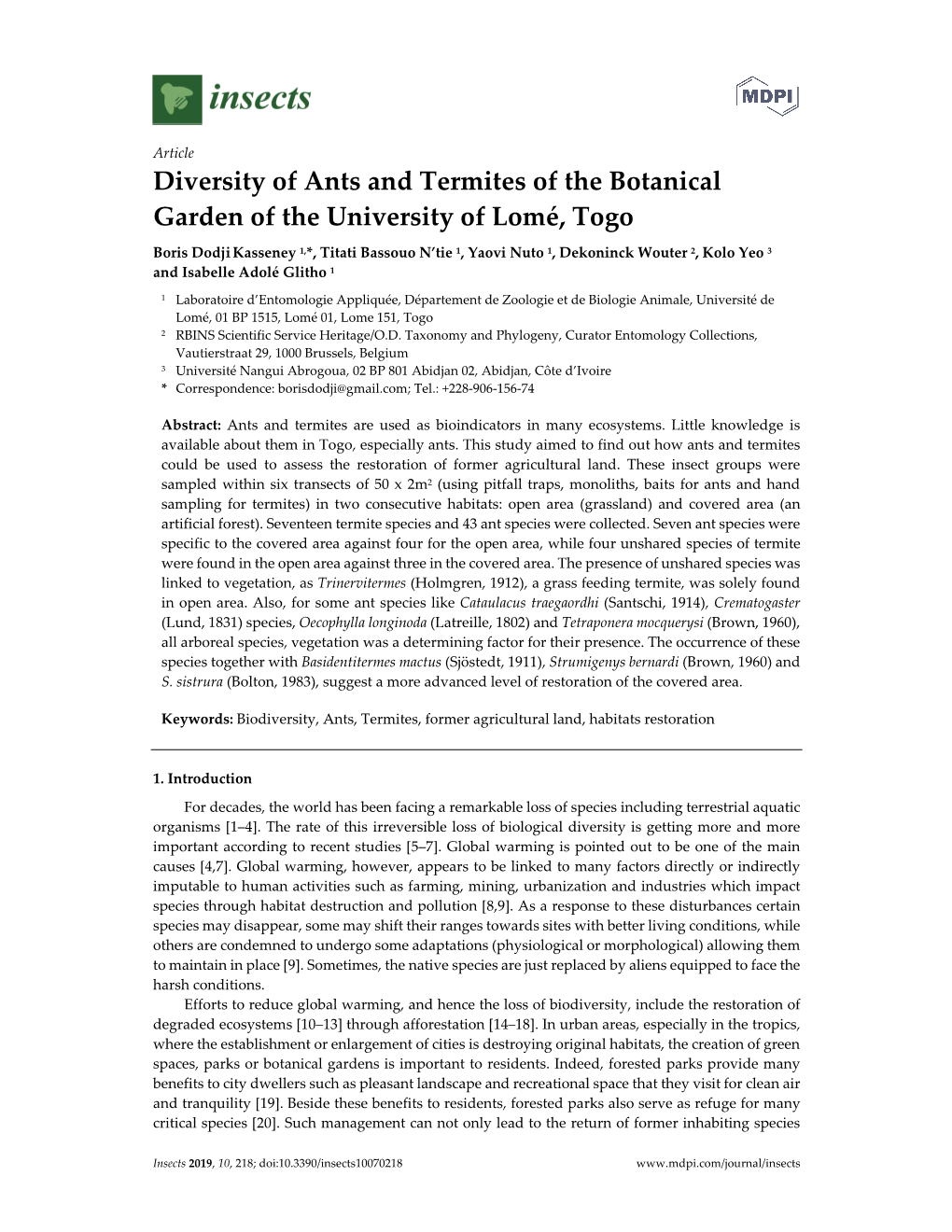 Diversity of Ants and Termites of the Botanical Garden of the University of Lomé, Togo