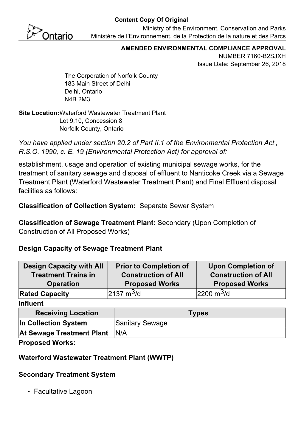 Amended Environmental Compliance Approval 7160