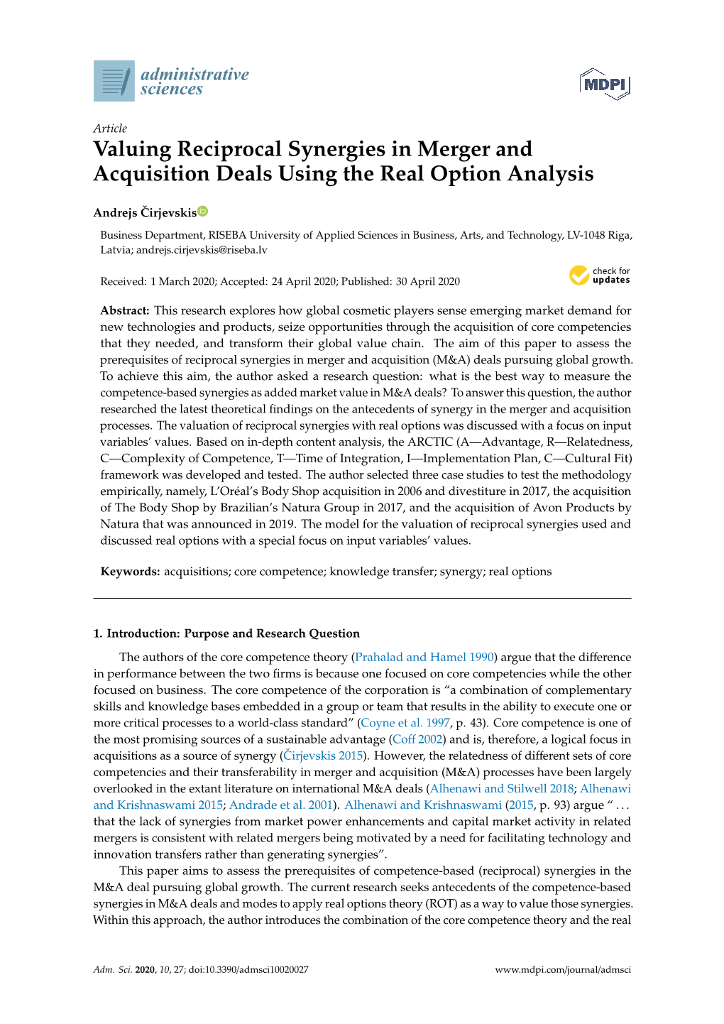Valuing Reciprocal Synergies in Merger and Acquisition Deals Using the Real Option Analysis