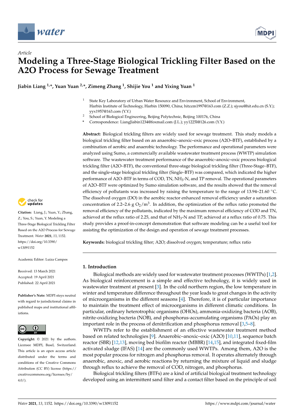 Modeling a Three-Stage Biological Trickling Filter Based on the A2O Process for Sewage Treatment