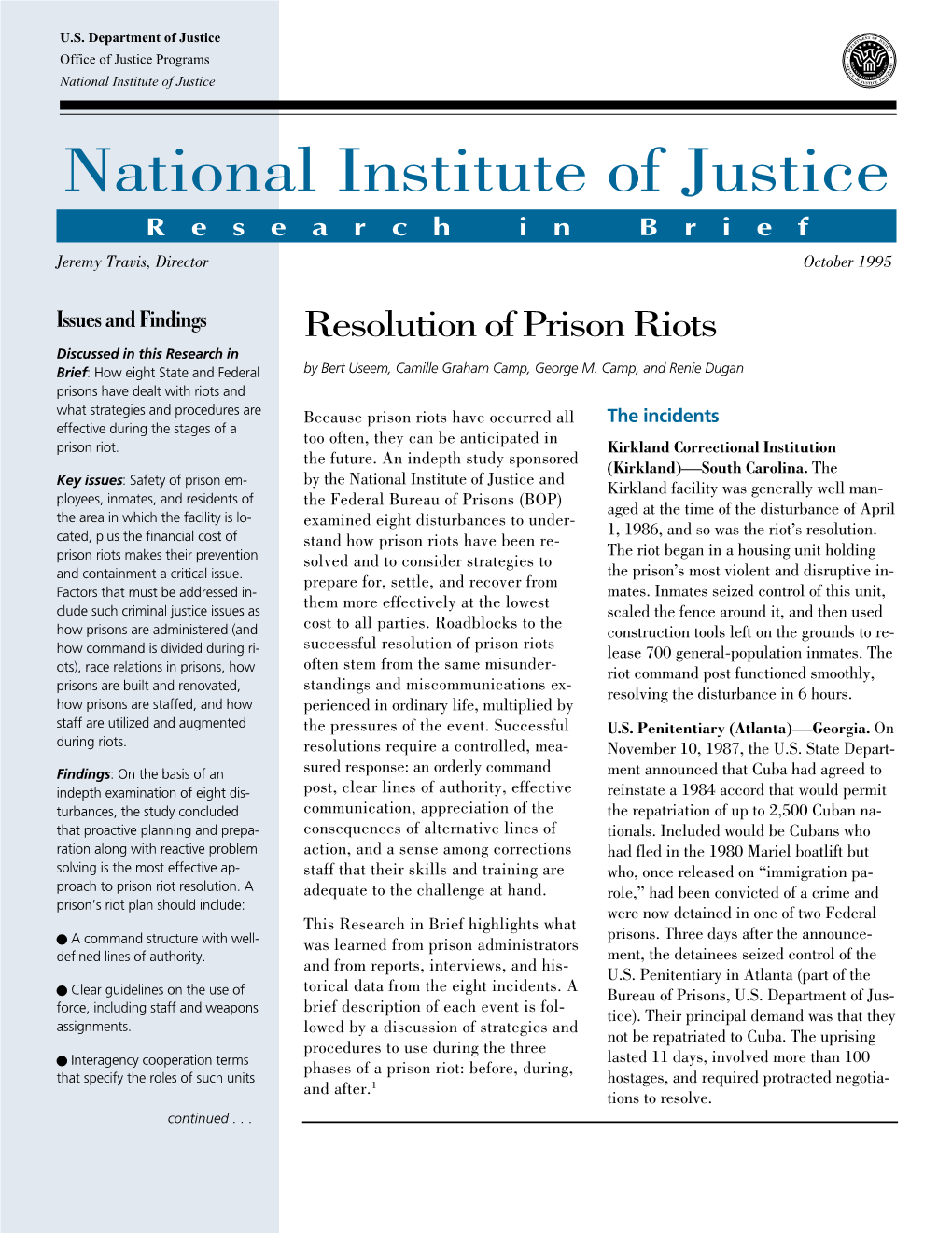 Resolution of Prison Riots Discussed in This Research in Brief: How Eight State and Federal by Bert Useem, Camille Graham Camp, George M