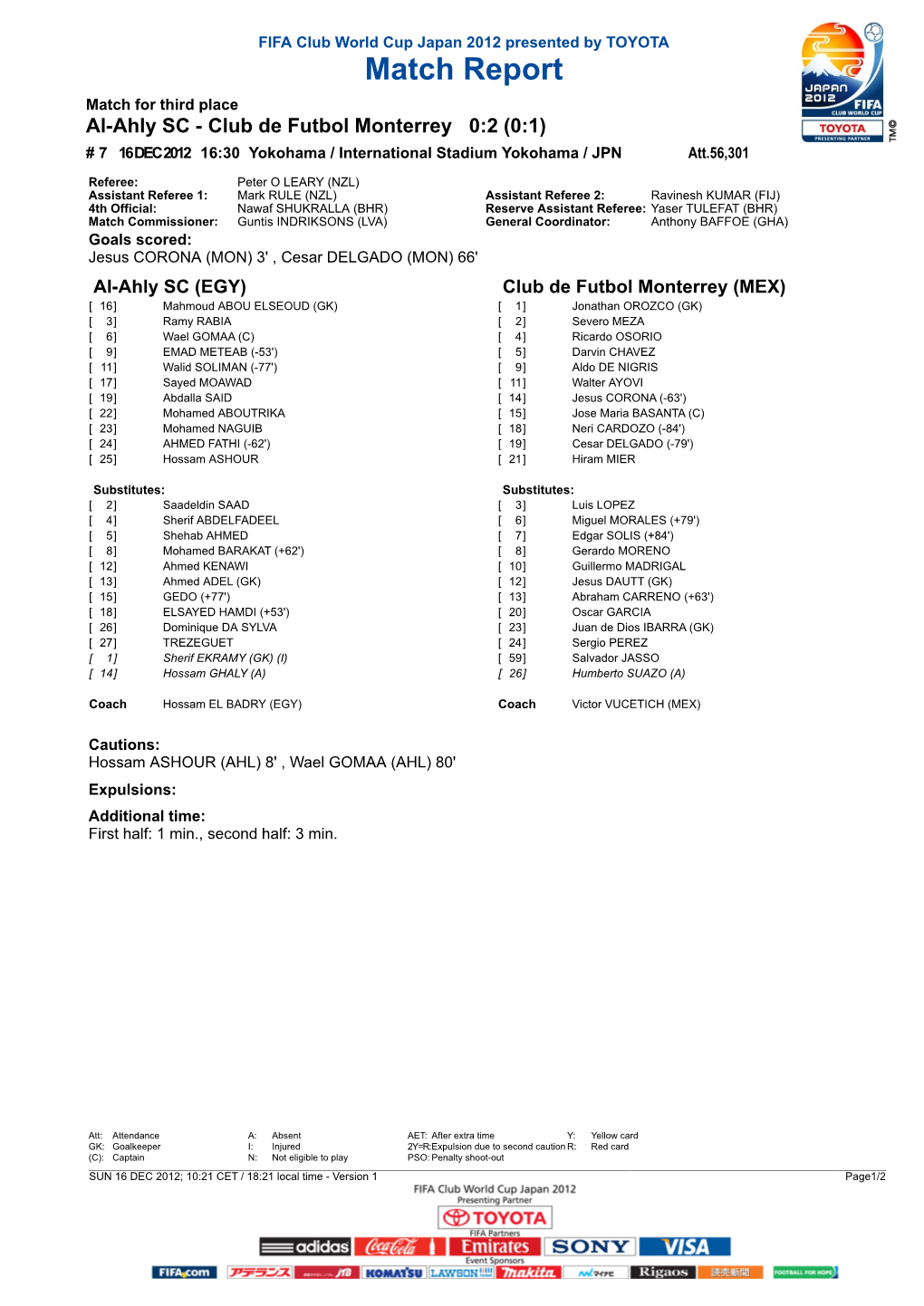 Match Report Match for Third Place Al-Ahly SC - Club De Futbol Monterrey 0:2 (0:1) # 7 16 DEC 2012 16:30 Yokohama / International Stadium Yokohama / JPN Att.56,301