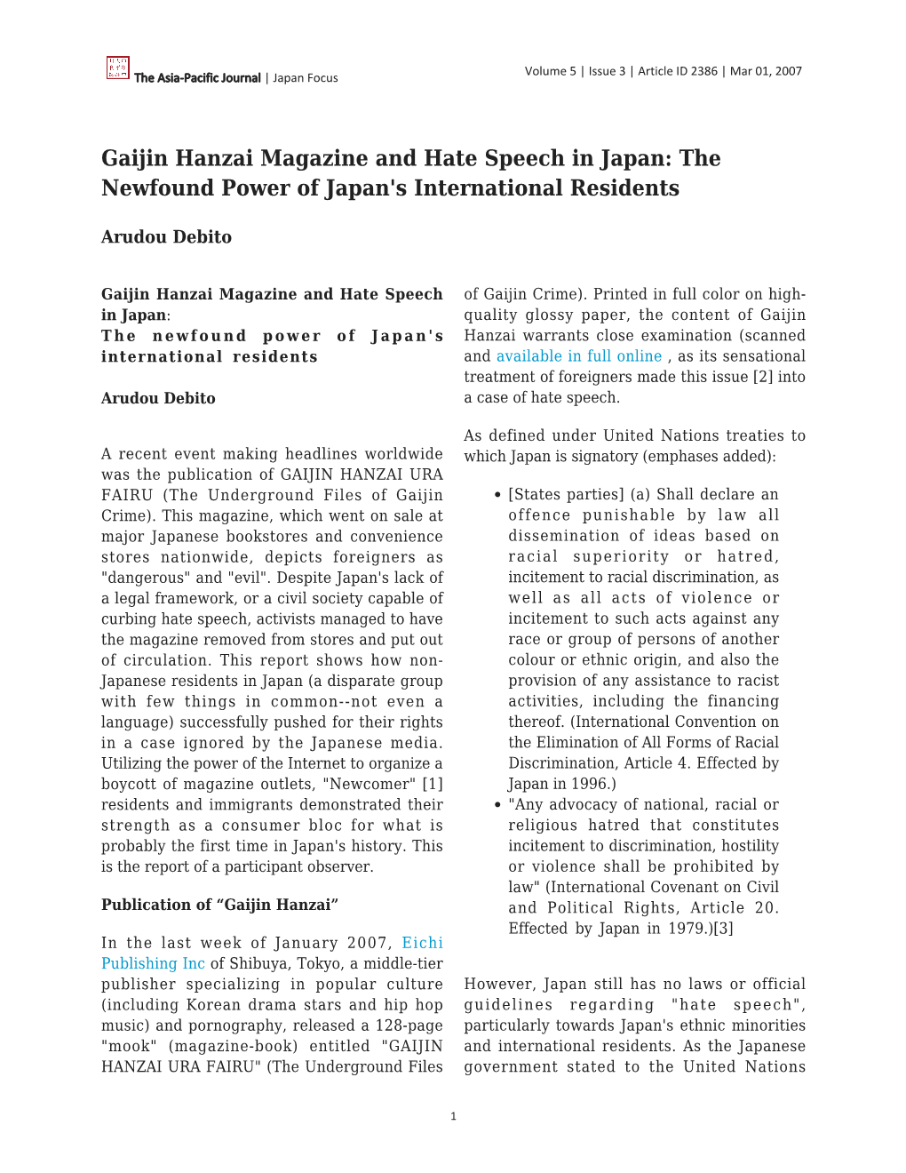 Gaijin Hanzai Magazine and Hate Speech in Japan: the Newfound Power of Japan's International Residents
