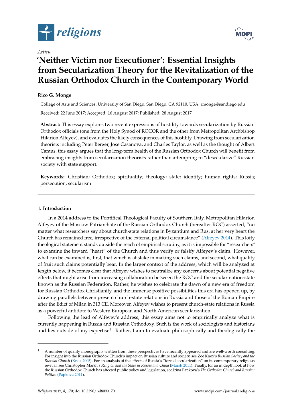 Neither Victim Nor Executioner’: Essential Insights from Secularization Theory for the Revitalization of the Russian Orthodox Church in the Contemporary World