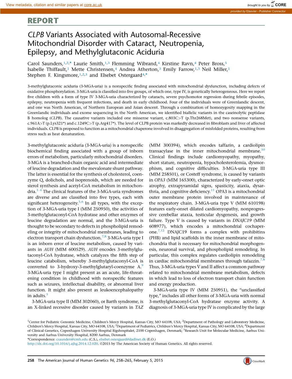 CLPB Variants Associated with Autosomal-Recessive Mitochondrial Disorder with Cataract, Neutropenia, Epilepsy, and Methylglutaconic Aciduria