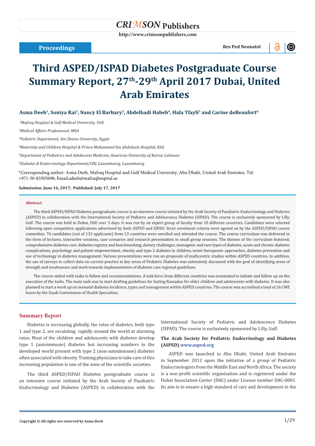 Third ASPED/ISPAD Diabetes Postgraduate Course Summary Report, 27Th-29Th April 2017 Dubai, United Arab Emirates