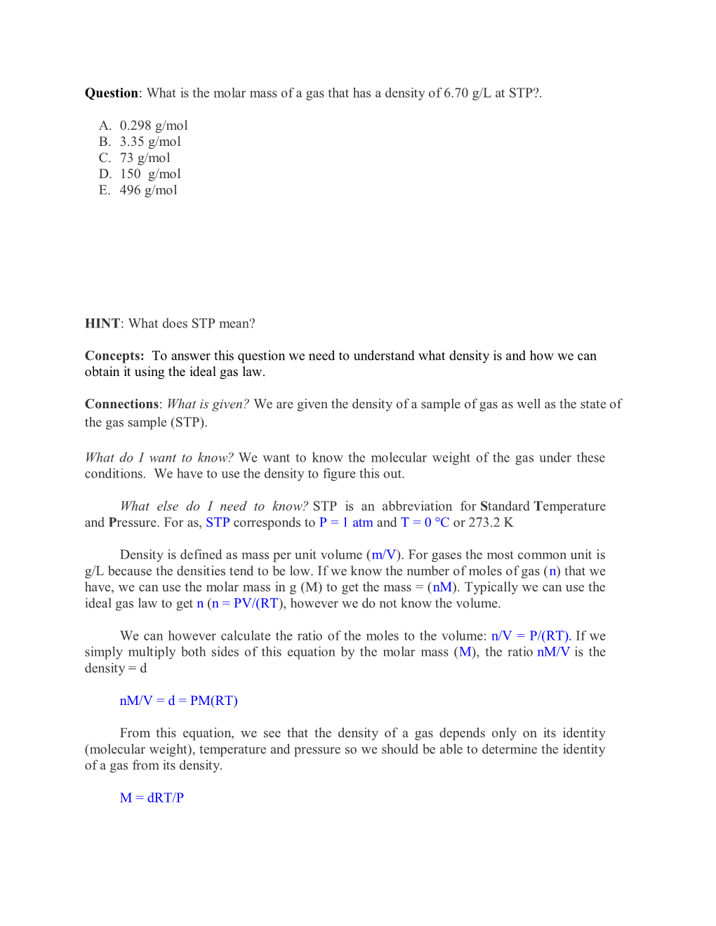 What Is the Molar Mass of a Gas That Has a Density of 6.70 G/L at STP?