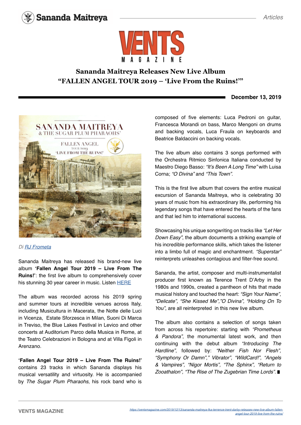 Sananda Maitreya Releases New Live Album “FALLEN ANGEL TOUR 2019 – ‘Live from the Ruins!’”