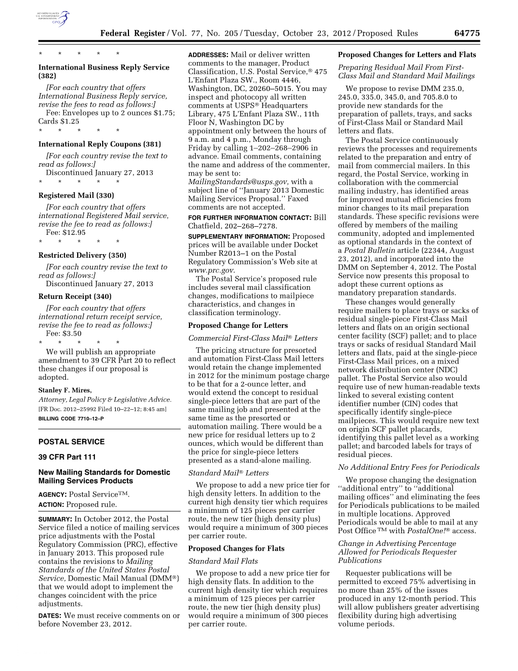 Federal Register/Vol. 77, No. 205/Tuesday, October 23, 2012/Proposed Rules