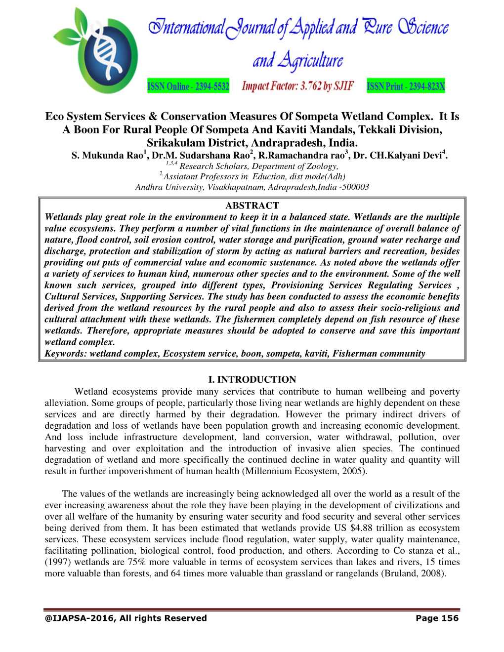 Eco System Services & Conservation Measures of Sompeta Wetland Complex. It Is a Boon for Rural People of Sompeta and Kaviti